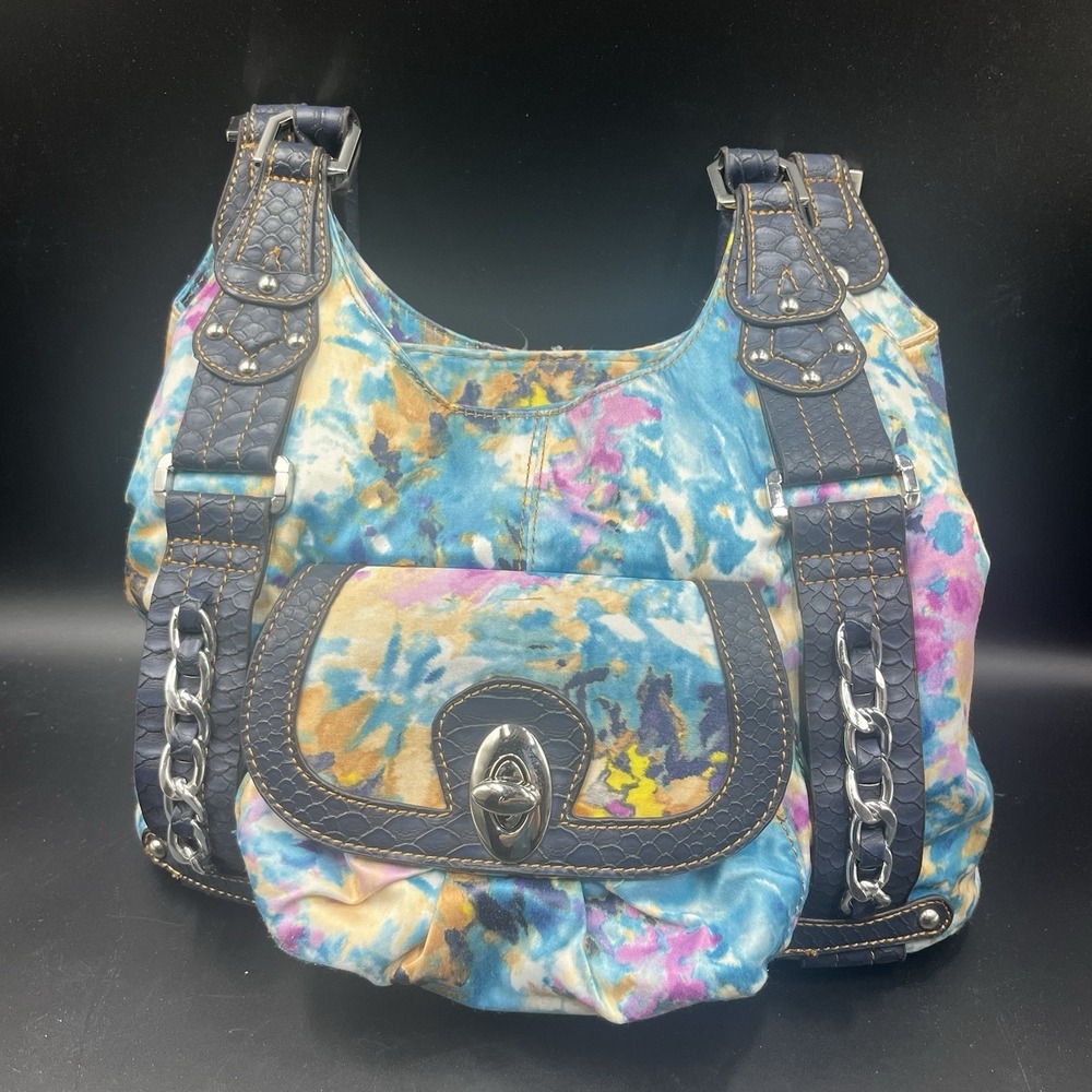 Wilson Leather Blue and Pink Water‎ Color Floral Fabric Hobo Bag Rare